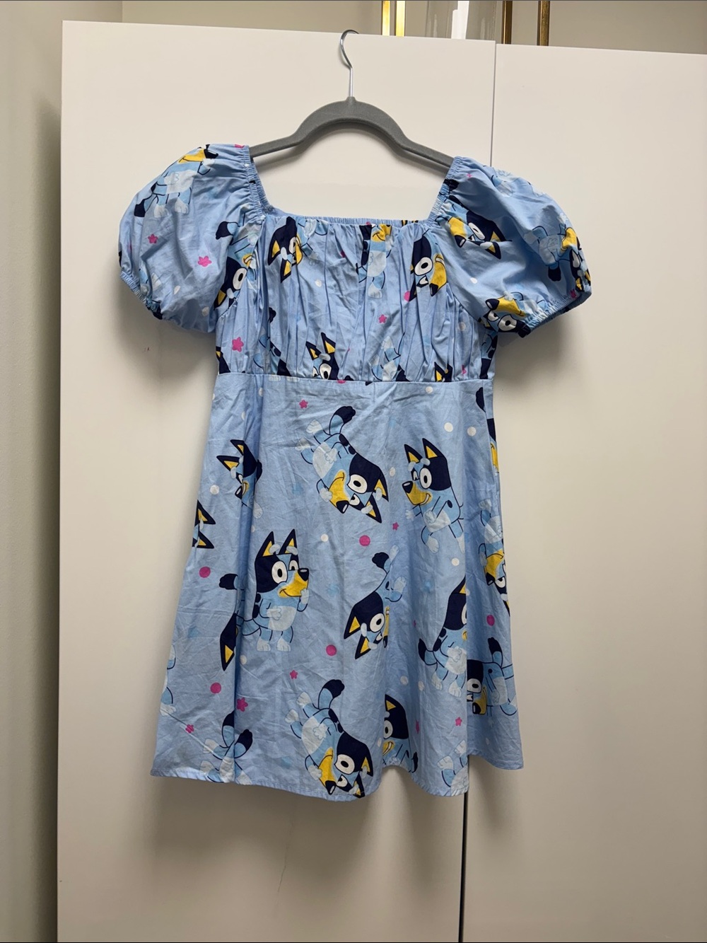 Girls Blue Cartoon Print Puff Sleeve Dress